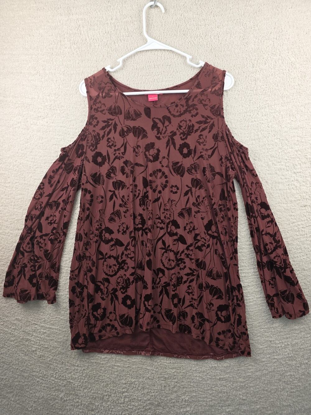 Sunny Leigh Burgundy Floral Velvet Burnout Cold Shoulder Tunic Top Size Large